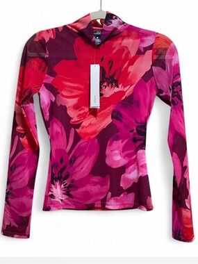 Aqua Pink Magenta Floral Long-Sleeve Mock Neck Top